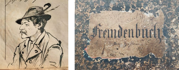 Beschriftung des Fremdenbuch und Zeichnung eines Gastes