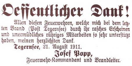 Anzeige von Kommandant Josef Popp mit Dank an alle Feuerwehren 