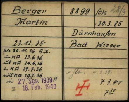 Martin Bergers Häftlingskarte aus dem Konzentrationslager Dachau
