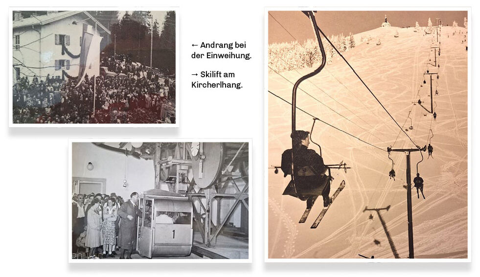 Collage mit Bildern: Andrang bei der Einweihung, Einstieg in die Gondel in der Talstation, Skilift am Kircherlhang